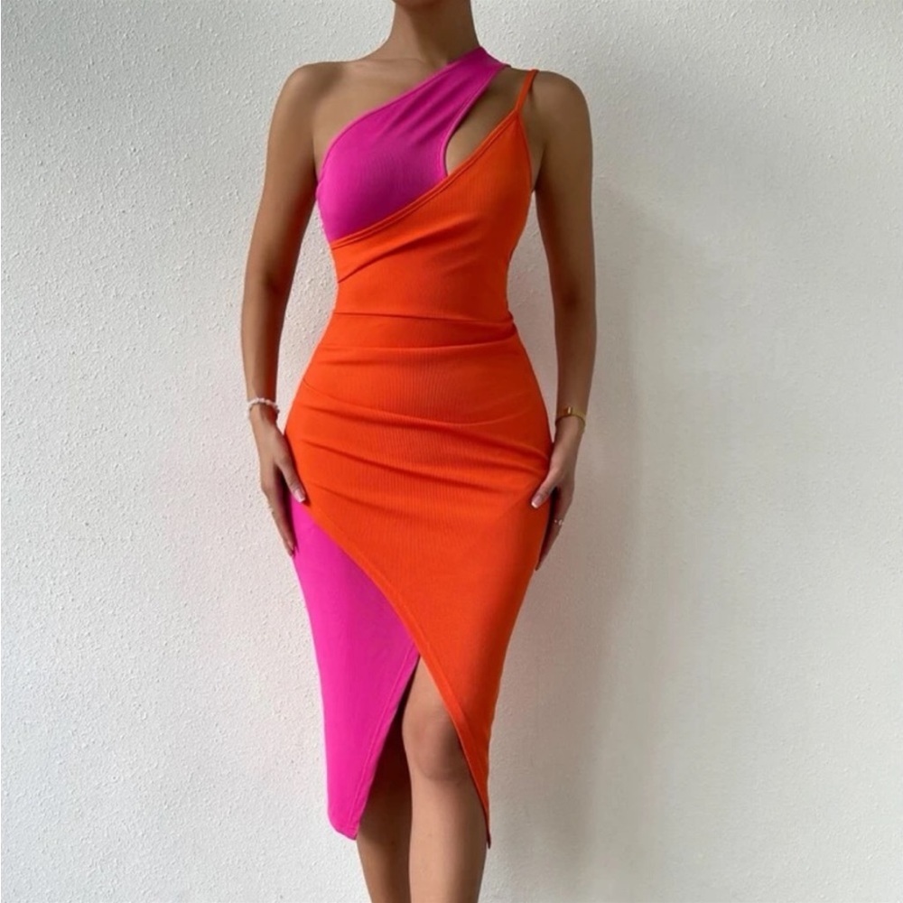2 Tone One Shoulder Asymmetrical Bodycon Midi Ribbed Dress Orange Hot Pink
